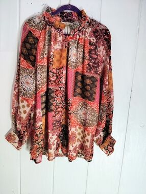 LIKE NEW!! Entro Patchwork Paisley Ruffle Neck Blouse. Size XL